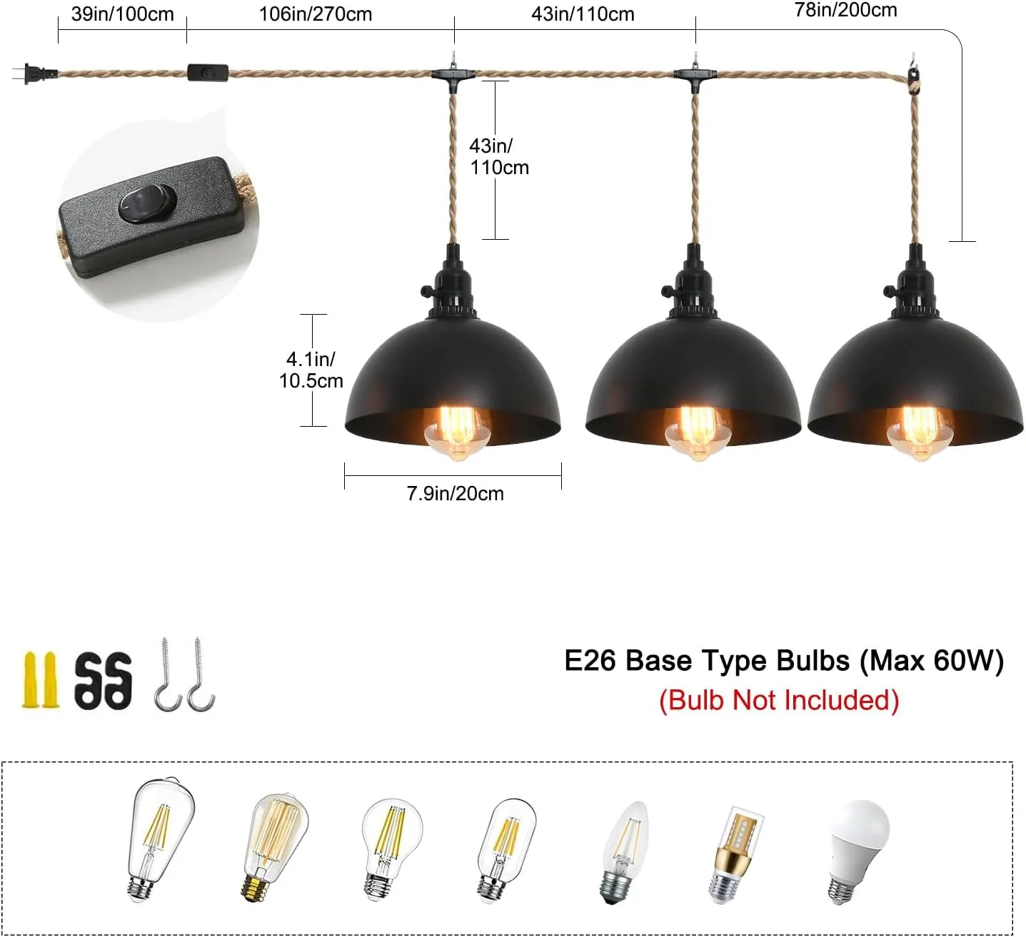 3 Light Hemp Rope Plug in Pendant Light Rattan Hanging Lights with Plug in Cord with Woven Lamp Shade, Hanging Lights with Plug in Cord Hemp Rope Hanging Lamp