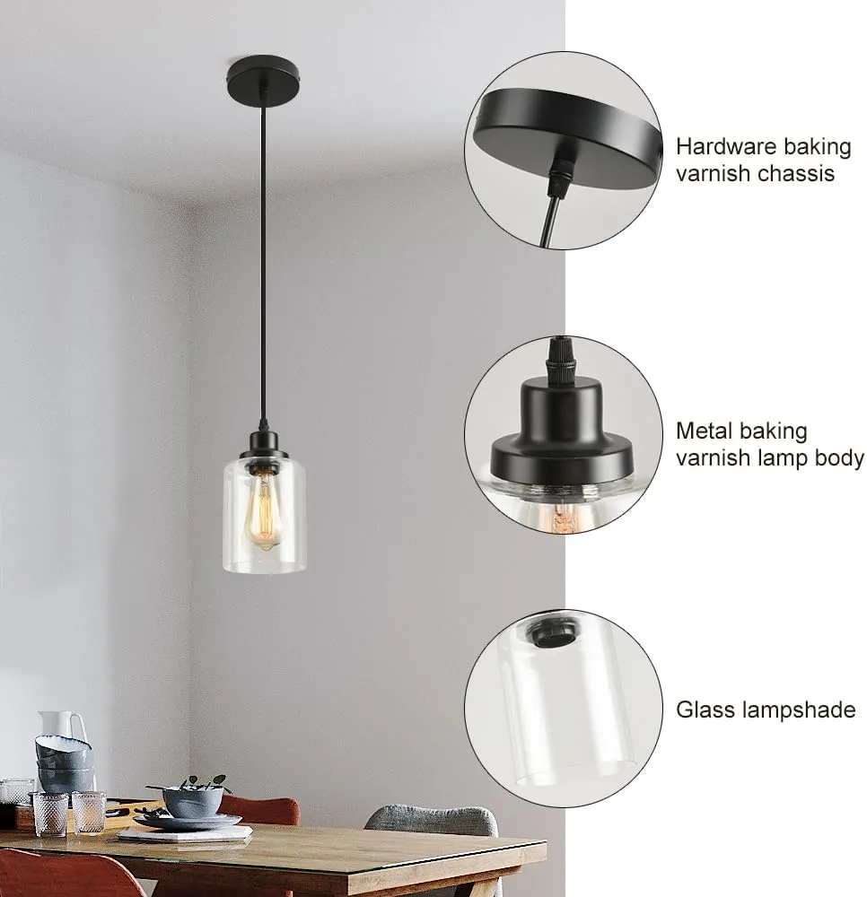 3-Lights Industrial Pendant Light with Glass Shade Matte Black Pendant Lighting Adjustable Industrial Retro Style Hanging Light Fixture for Kitchen, Farmhouse (3 Pack Glass Pendant Light)