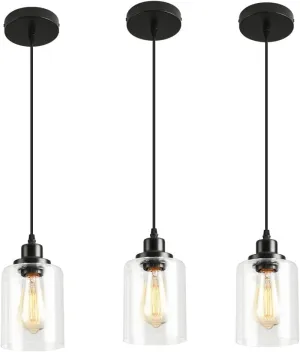 3-Lights Industrial Pendant Light with Glass Shade Matte Black Pendant Lighting Adjustable Industrial Retro Style Hanging Light Fixture for Kitchen, Farmhouse (3 Pack Glass Pendant Light)