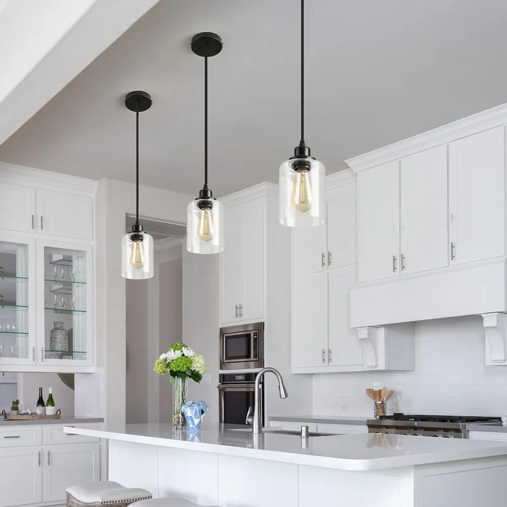 3-Lights Industrial Pendant Light with Glass Shade Matte Black Pendant Lighting Adjustable Industrial Retro Style Hanging Light Fixture for Kitchen, Farmhouse (3 Pack Glass Pendant Light)