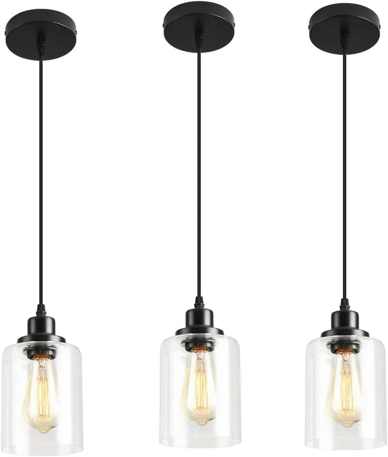 3-Lights Industrial Pendant Light with Glass Shade Matte Black Pendant Lighting Adjustable Industrial Retro Style Hanging Light Fixture for Kitchen, Farmhouse (3 Pack Glass Pendant Light)