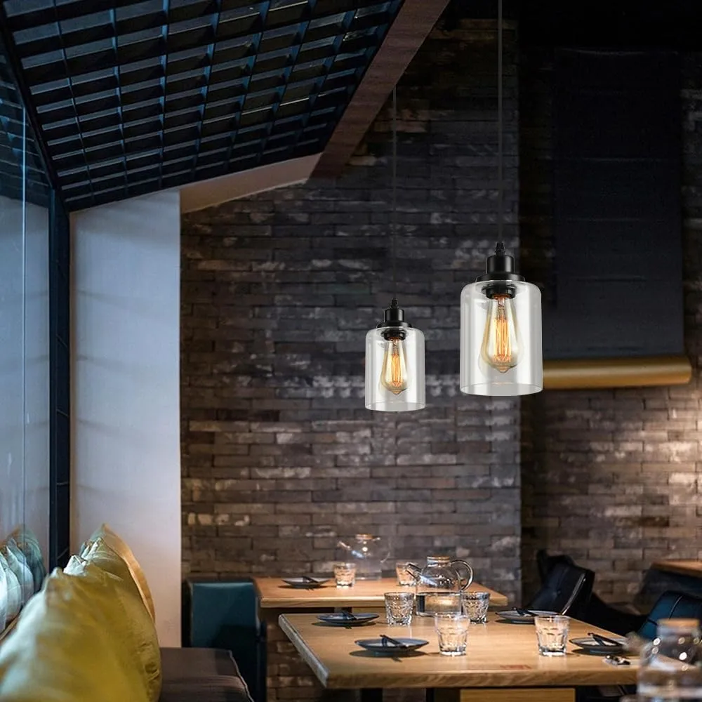 3-Lights Industrial Pendant Light with Glass Shade Matte Black Pendant Lighting Adjustable Industrial Retro Style Hanging Light Fixture for Kitchen, Farmhouse (3 Pack Glass Pendant Light)
