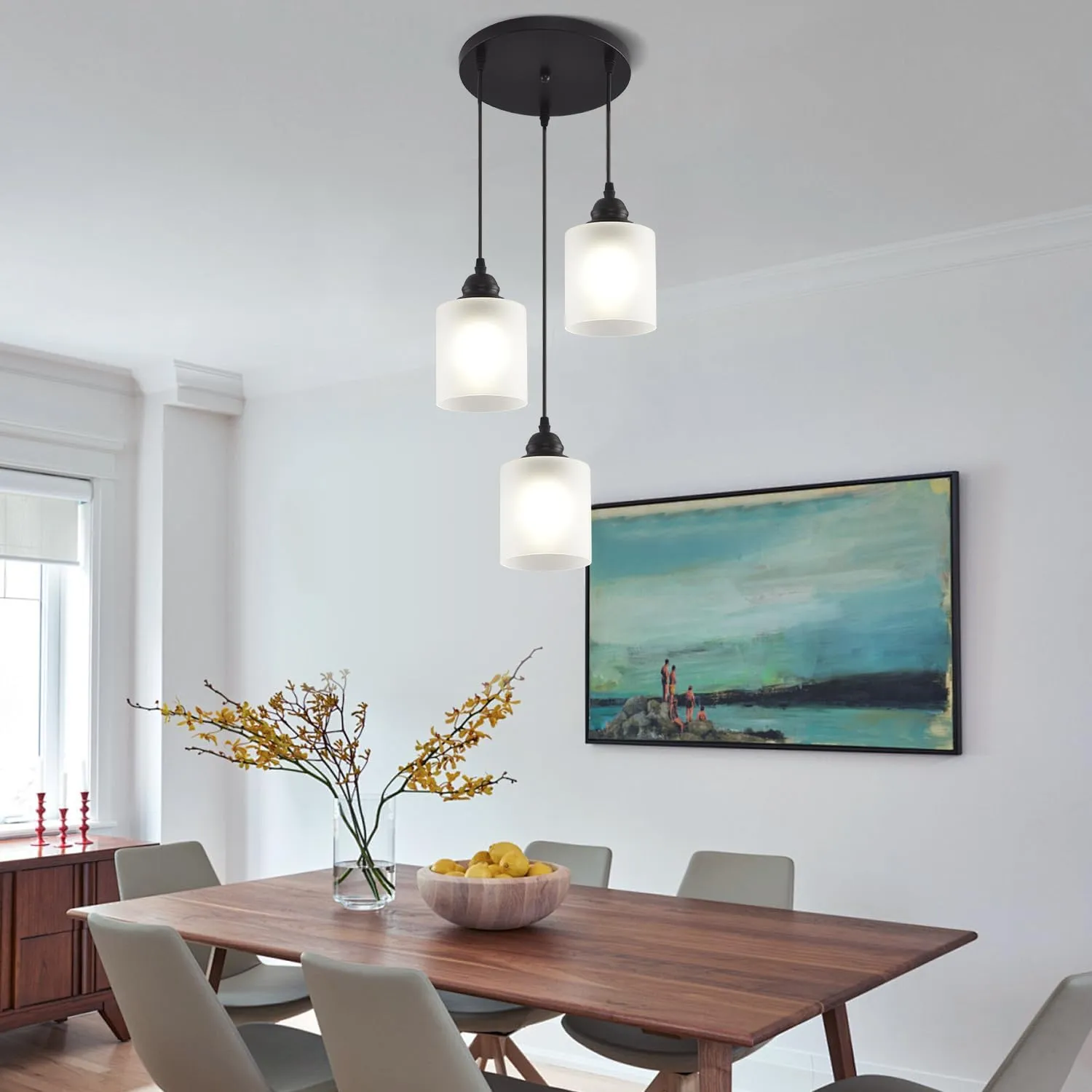 3 Lights Industrial Pendant Light with Glass Shade Matte Black Pendant Lighting Adjustable Industrial Retro Style Hanging Light,Kitchen Island Farmhouse Pendant Lights Fixtures for Kitchen,Farmhouse