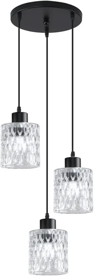 3 Lights Industrial Pendant Light with Glass Shade Matte Black Pendant Lighting Adjustable Industrial Retro Style Hanging Light,Kitchen Island Farmhouse Pendant Lights Fixtures for Kitchen,Farmhouse