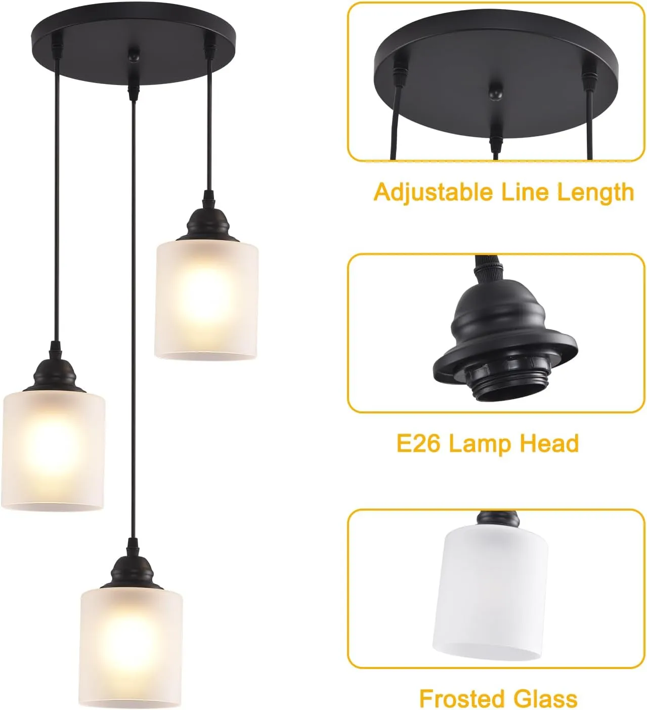 3 Lights Industrial Pendant Light with Glass Shade Matte Black Pendant Lighting Adjustable Industrial Retro Style Hanging Light,Kitchen Island Farmhouse Pendant Lights Fixtures for Kitchen,Farmhouse