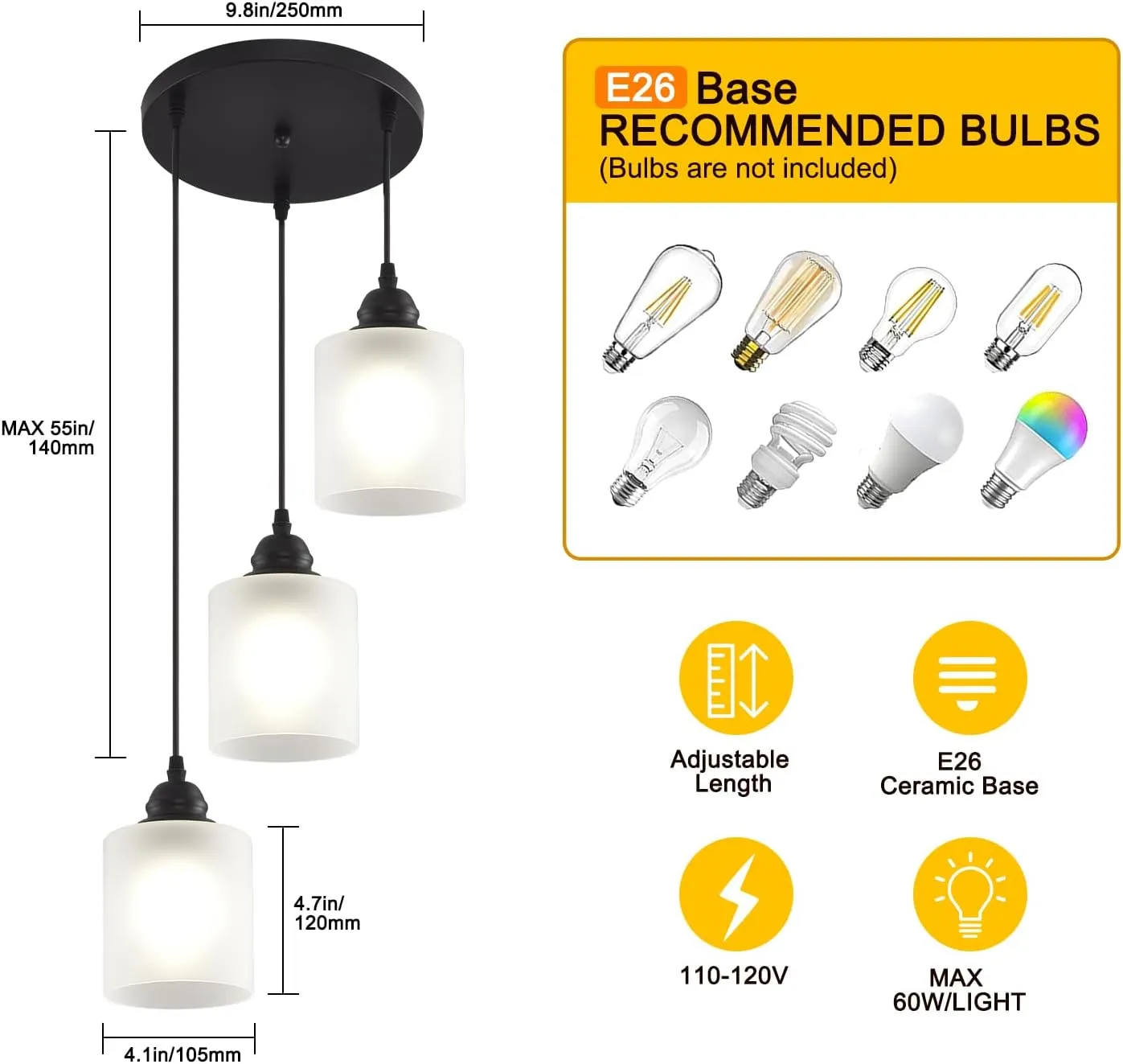 3 Lights Industrial Pendant Light with Glass Shade Matte Black Pendant Lighting Adjustable Industrial Retro Style Hanging Light,Kitchen Island Farmhouse Pendant Lights Fixtures for Kitchen,Farmhouse