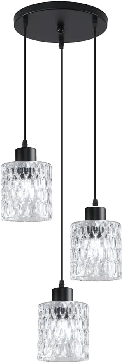 3 Lights Industrial Pendant Light with Glass Shade Matte Black Pendant Lighting Adjustable Industrial Retro Style Hanging Light,Kitchen Island Farmhouse Pendant Lights Fixtures for Kitchen,Farmhouse