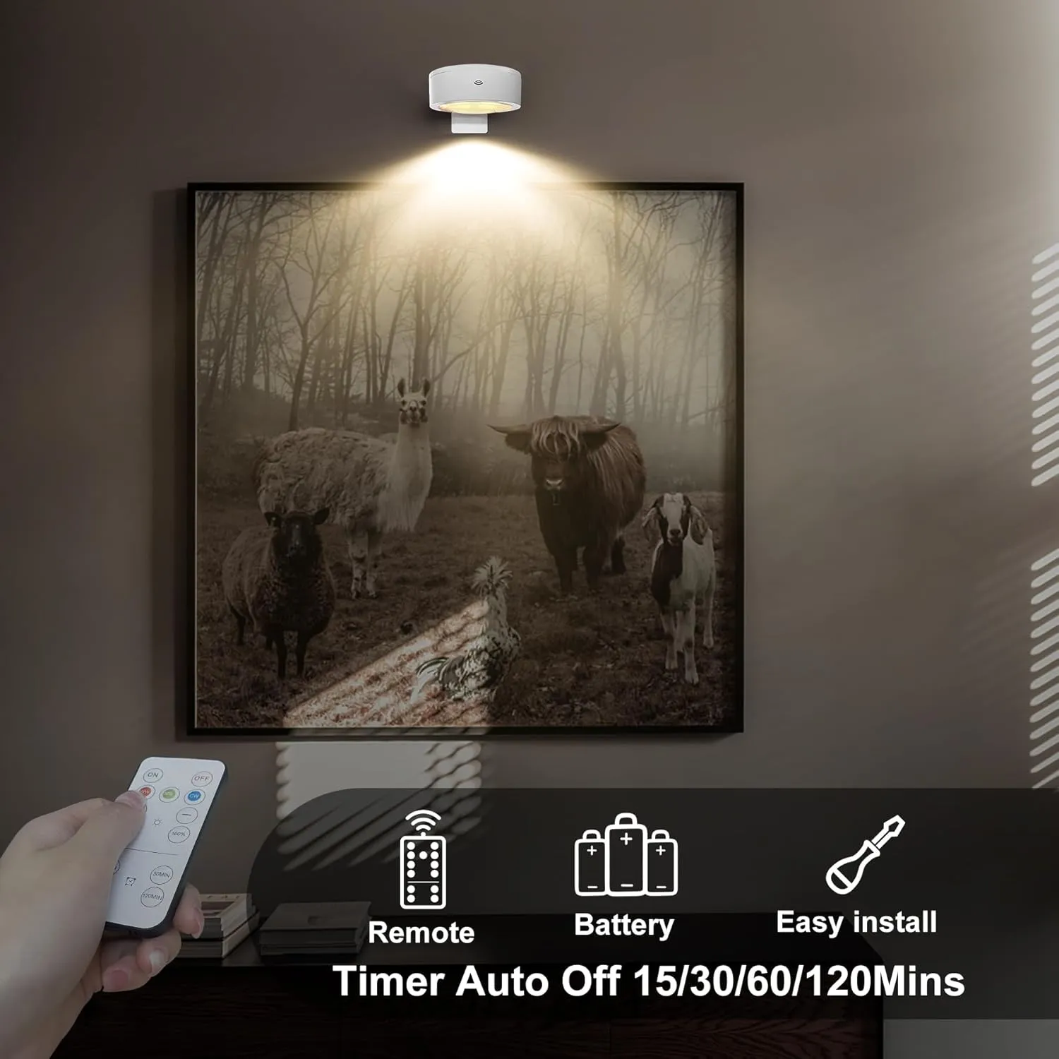 3-Pack Battery Operated Picture Lights Magnetic Painting Light with 3 Lighting Modes,Remote and Timer Art Display Light for Picture Artworking Frame Portrait,Dimmable Wireless Wall Puck Lights-White