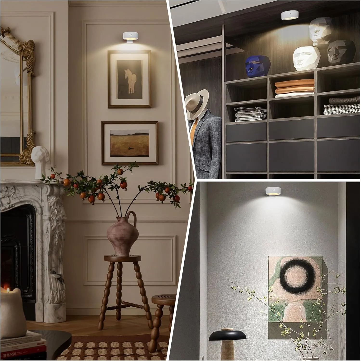 3-Pack Battery Operated Picture Lights Magnetic Painting Light with 3 Lighting Modes,Remote and Timer Art Display Light for Picture Artworking Frame Portrait,Dimmable Wireless Wall Puck Lights-White