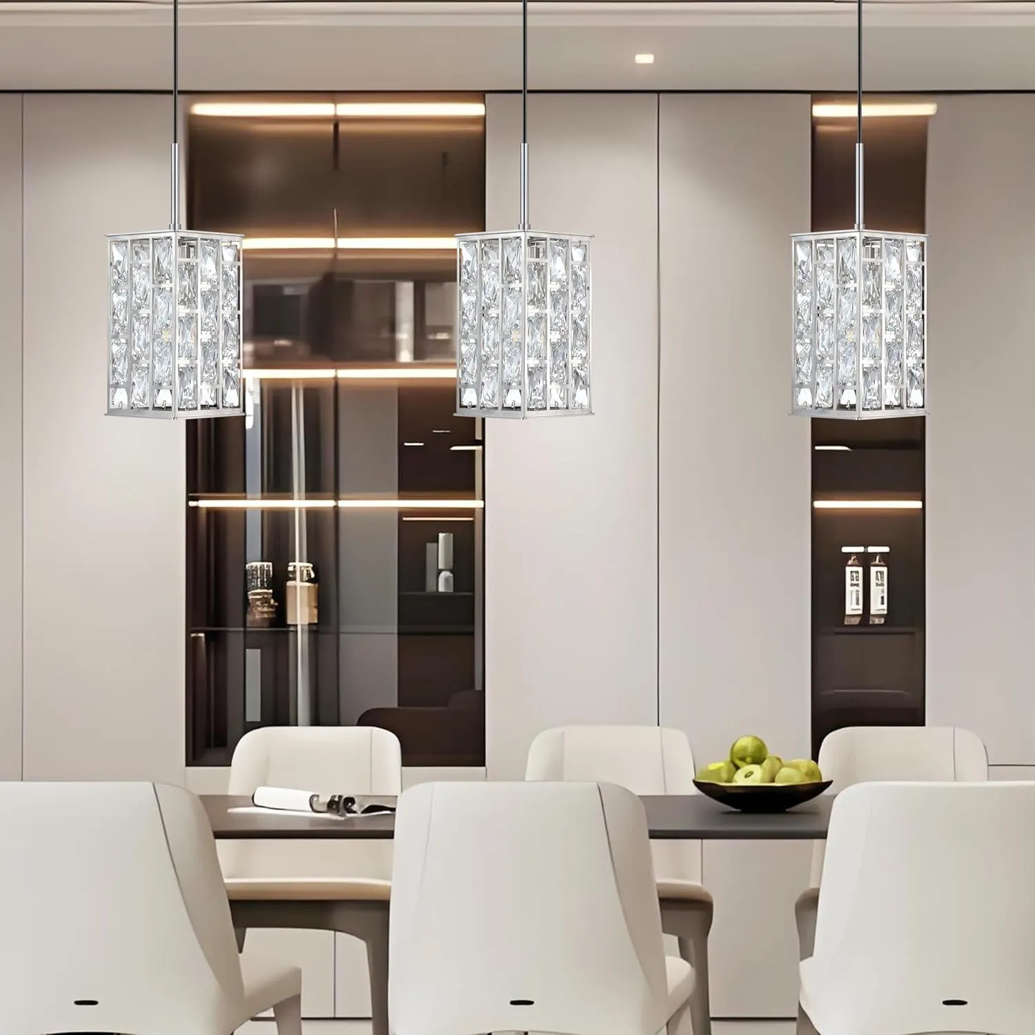 3 Pack Hanging Polyhedron Crystal Kitchen Island Square Pendant Ceiling Light Fixture,Modern Pendant Lighting Brushed Nickel Finish for Over Sink Dining Room Bedroom Hallway,UL Listed