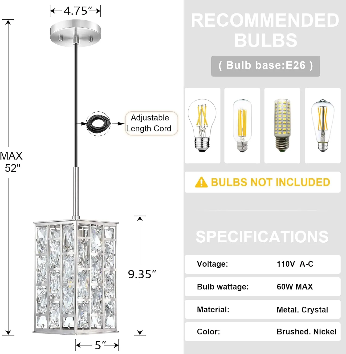 3 Pack Hanging Polyhedron Crystal Kitchen Island Square Pendant Ceiling Light Fixture,Modern Pendant Lighting Brushed Nickel Finish for Over Sink Dining Room Bedroom Hallway,UL Listed