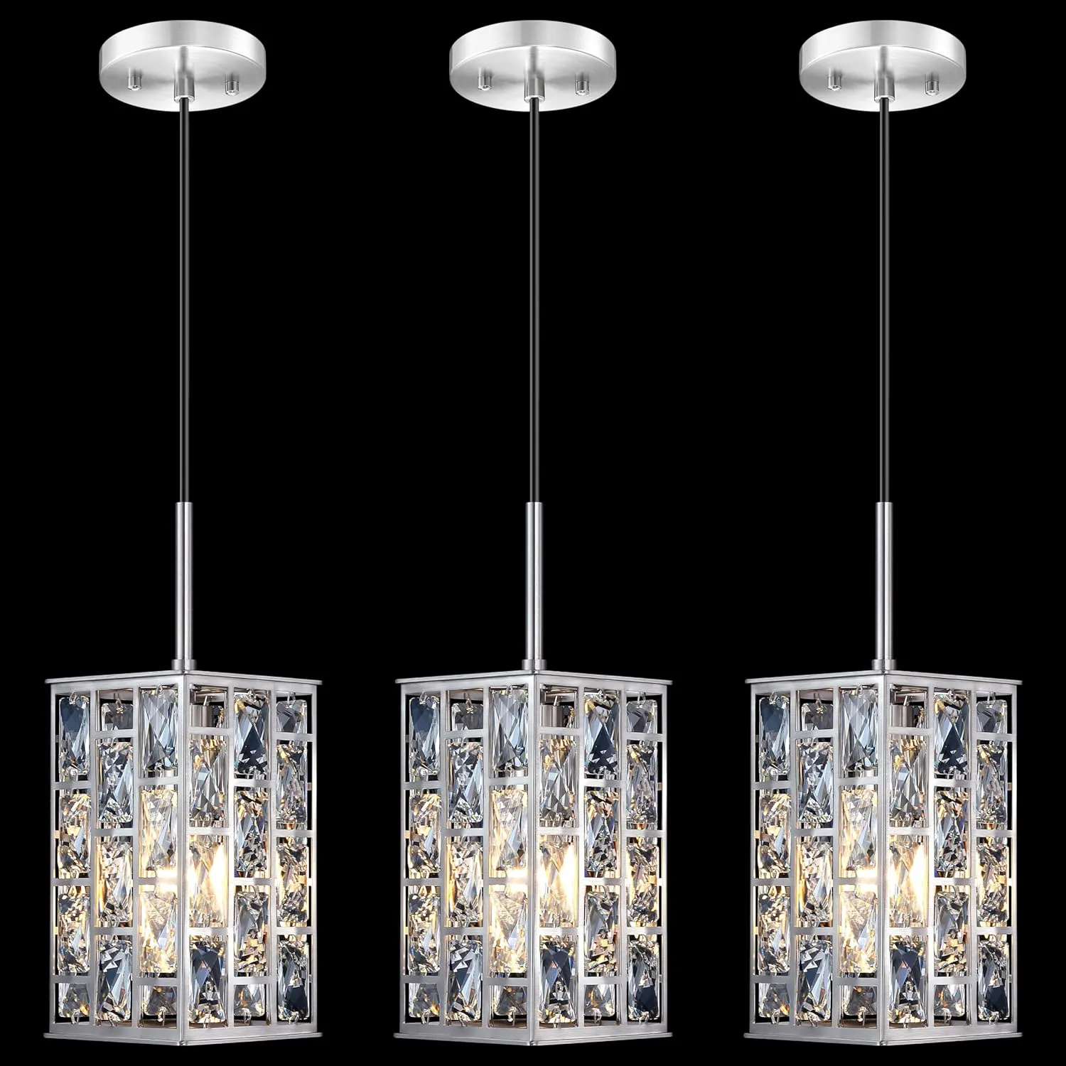 3 Pack Hanging Polyhedron Crystal Kitchen Island Square Pendant Ceiling Light Fixture,Modern Pendant Lighting Brushed Nickel Finish for Over Sink Dining Room Bedroom Hallway,UL Listed