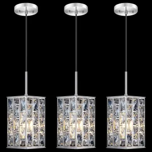 3 Pack Hanging Polyhedron Crystal Kitchen Island Square Pendant Ceiling Light Fixture,Modern Pendant Lighting Brushed Nickel Finish for Over Sink Dining Room Bedroom Hallway,UL Listed