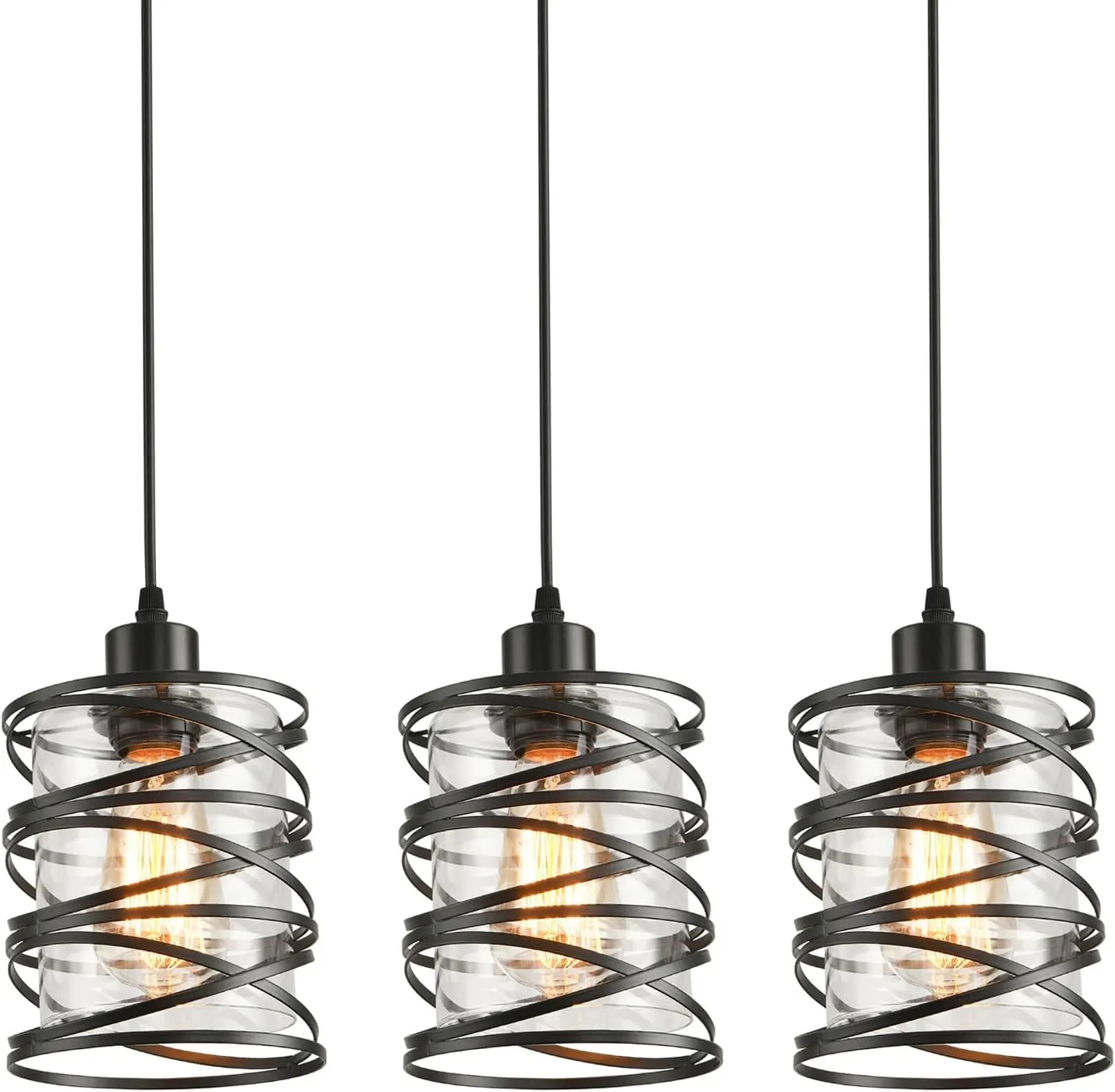 3 Pack Pendant Light Kitchen Island Pendant Lighting, Hanging Light with Spiral Cage Clear Glass Shade, Black Modern Indoor Hanging Lamp for Dining Room Kitchen Island