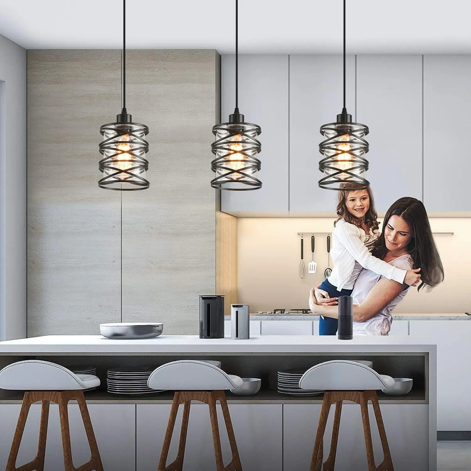 3 Pack Pendant Light Kitchen Island Pendant Lighting, Hanging Light with Spiral Cage Clear Glass Shade, Black Modern Indoor Hanging Lamp for Dining Room Kitchen Island
