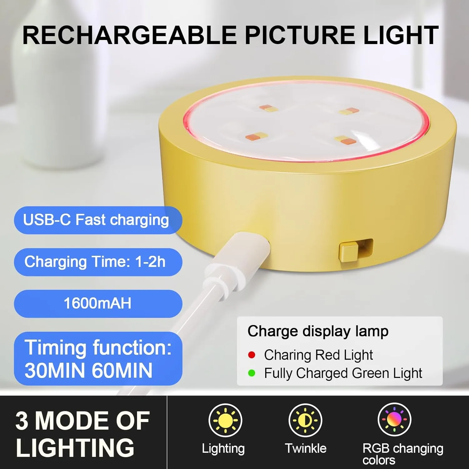 3 Pack Picture Lights for Wall, 13 RGB Color Rechargeable Battery Operated wall lights, Picture Frame lights with 3 Lighting Modes, Wireless Magnetic Painting Light with Remote Control Timer (Golden)