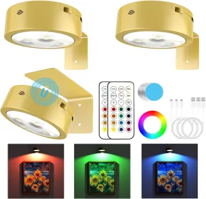 3 Pack Picture Lights for Wall, 13 RGB Color Rechargeable Battery Operated wall lights, Picture Frame lights with 3 Lighting Modes, Wireless Magnetic Painting Light with Remote Control Timer (Golden)
