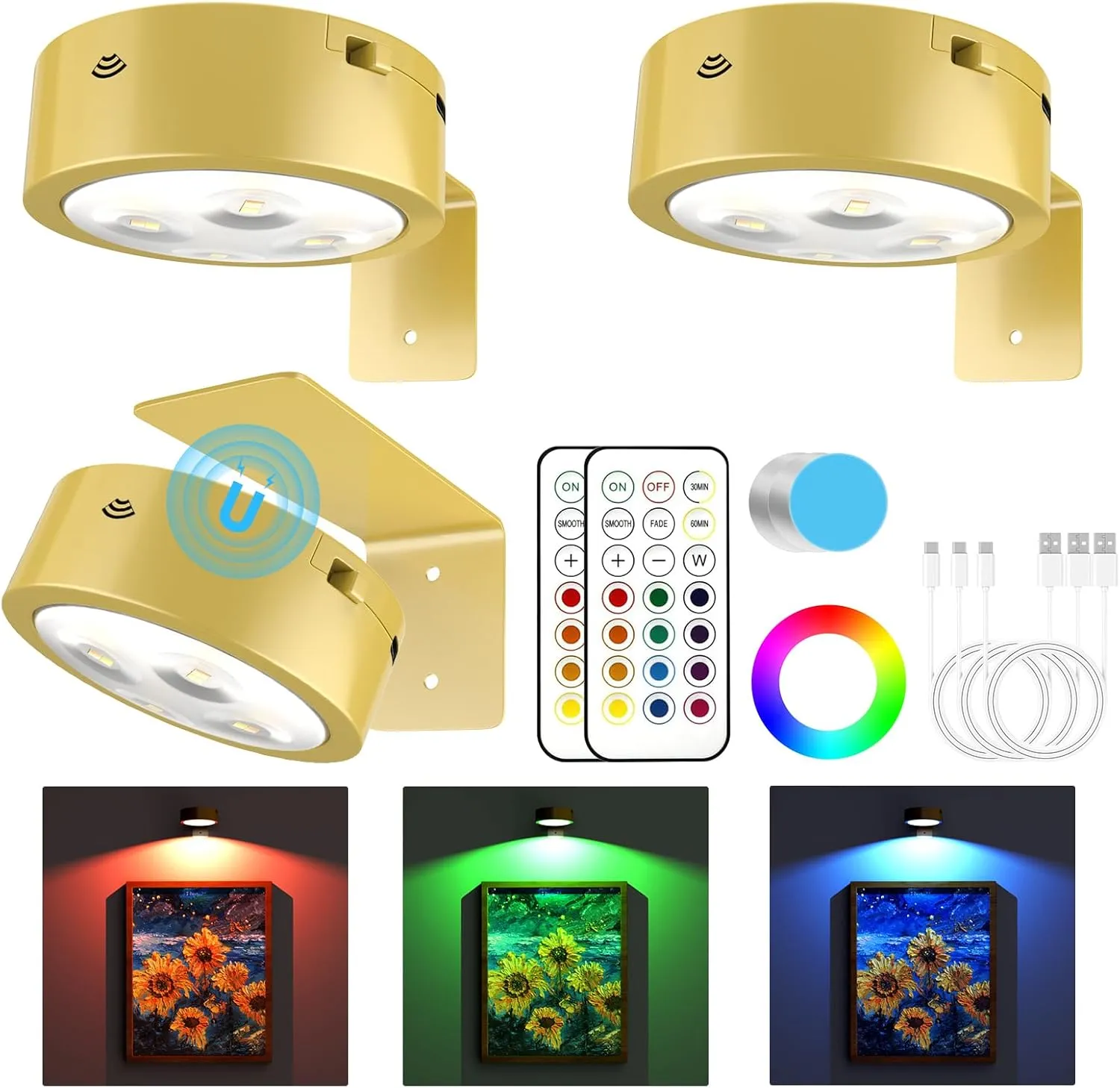 3 Pack Picture Lights for Wall, 13 RGB Color Rechargeable Battery Operated wall lights, Picture Frame lights with 3 Lighting Modes, Wireless Magnetic Painting Light with Remote Control Timer (Golden)