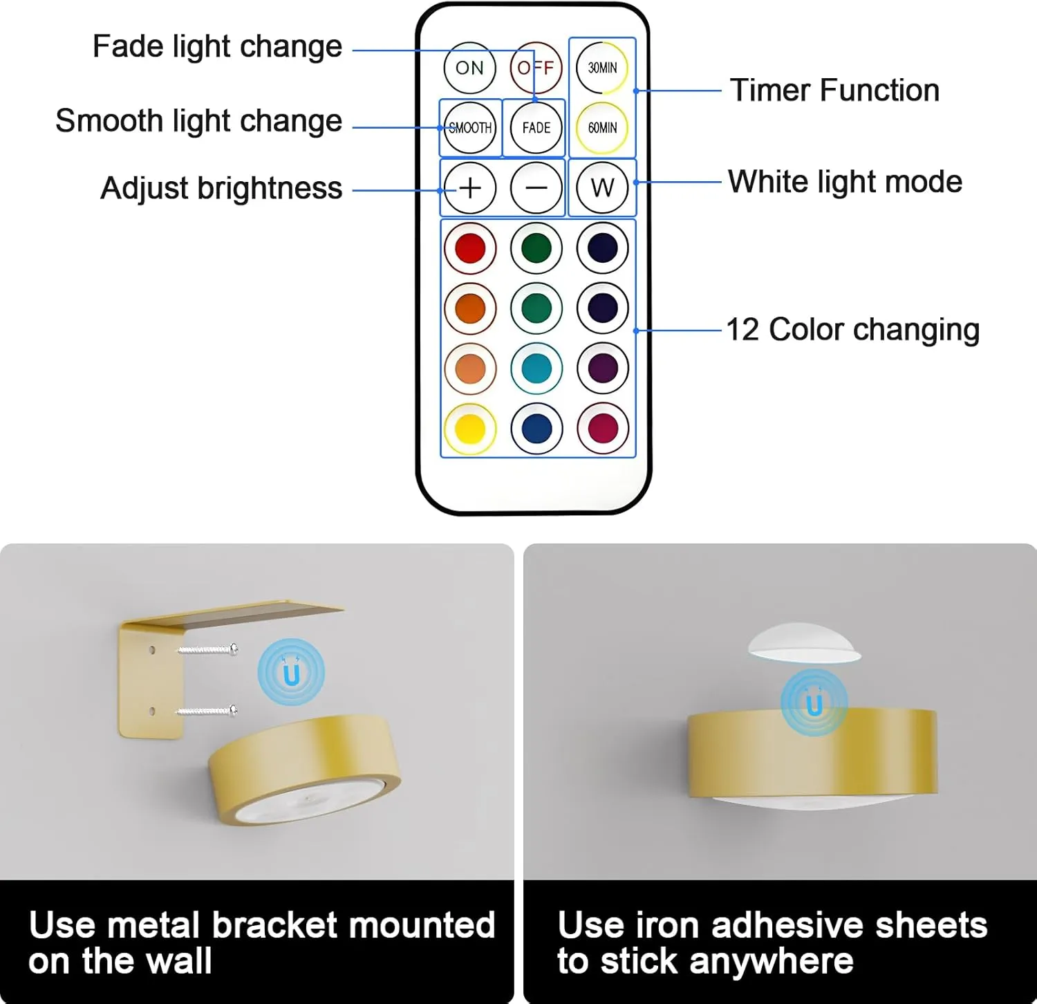 3 Pack Picture Lights for Wall, 13 RGB Color Rechargeable Battery Operated wall lights, Picture Frame lights with 3 Lighting Modes, Wireless Magnetic Painting Light with Remote Control Timer (Golden)