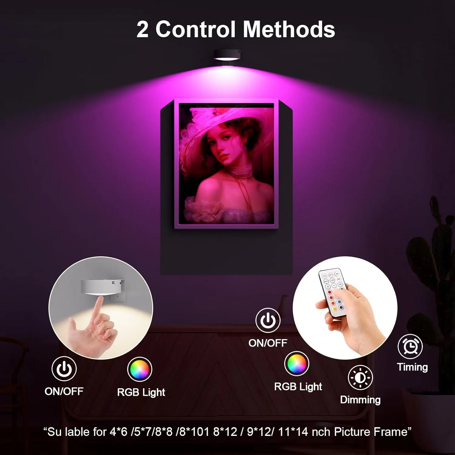 3 Pack Picture Lights for Wall, 13 RGB Color Rechargeable Battery Operated wall lights, Picture Frame lights with 3 Lighting Modes, Wireless Magnetic Painting Light with Remote Control Timer, (White)