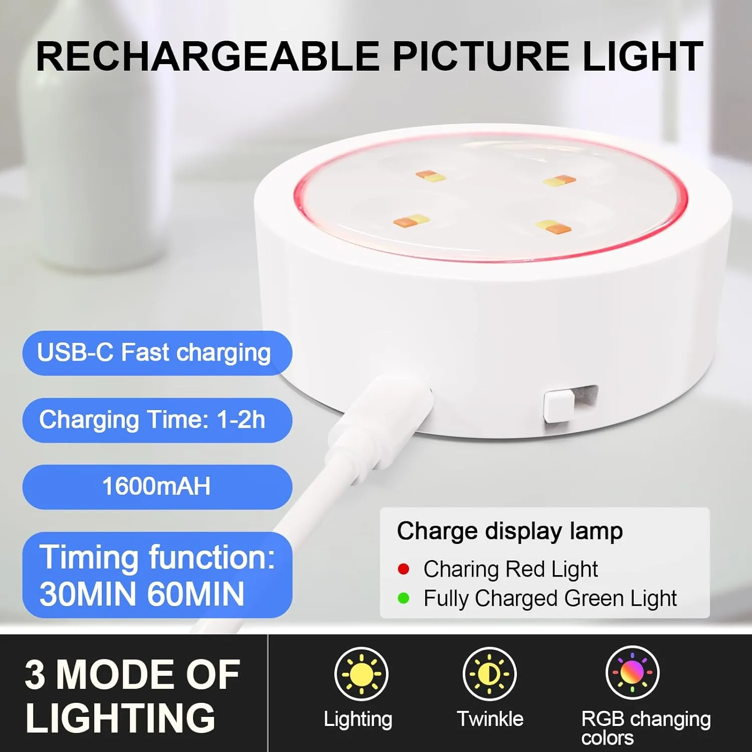 3 Pack Picture Lights for Wall, 13 RGB Color Rechargeable Battery Operated wall lights, Picture Frame lights with 3 Lighting Modes, Wireless Magnetic Painting Light with Remote Control Timer, (White)