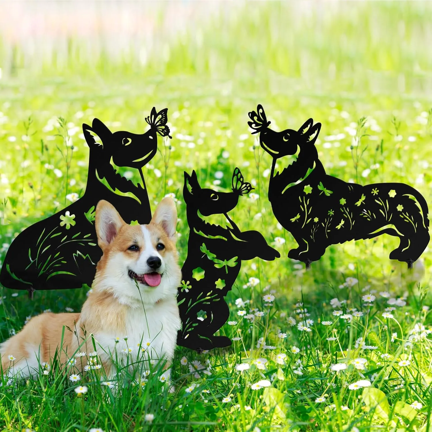 3 Pcs Metal Dog Garden Stake Mother's Day Dog Lovers Gifts Black Silhouette Garden Statues Outdoor Decor Animal Puppy Stakes for Women Men Yard Decor Lawn Decorations(Corgi)