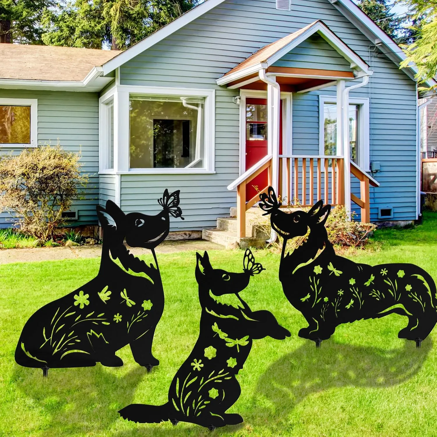3 Pcs Metal Dog Garden Stake Mother's Day Dog Lovers Gifts Black Silhouette Garden Statues Outdoor Decor Animal Puppy Stakes for Women Men Yard Decor Lawn Decorations(Corgi)