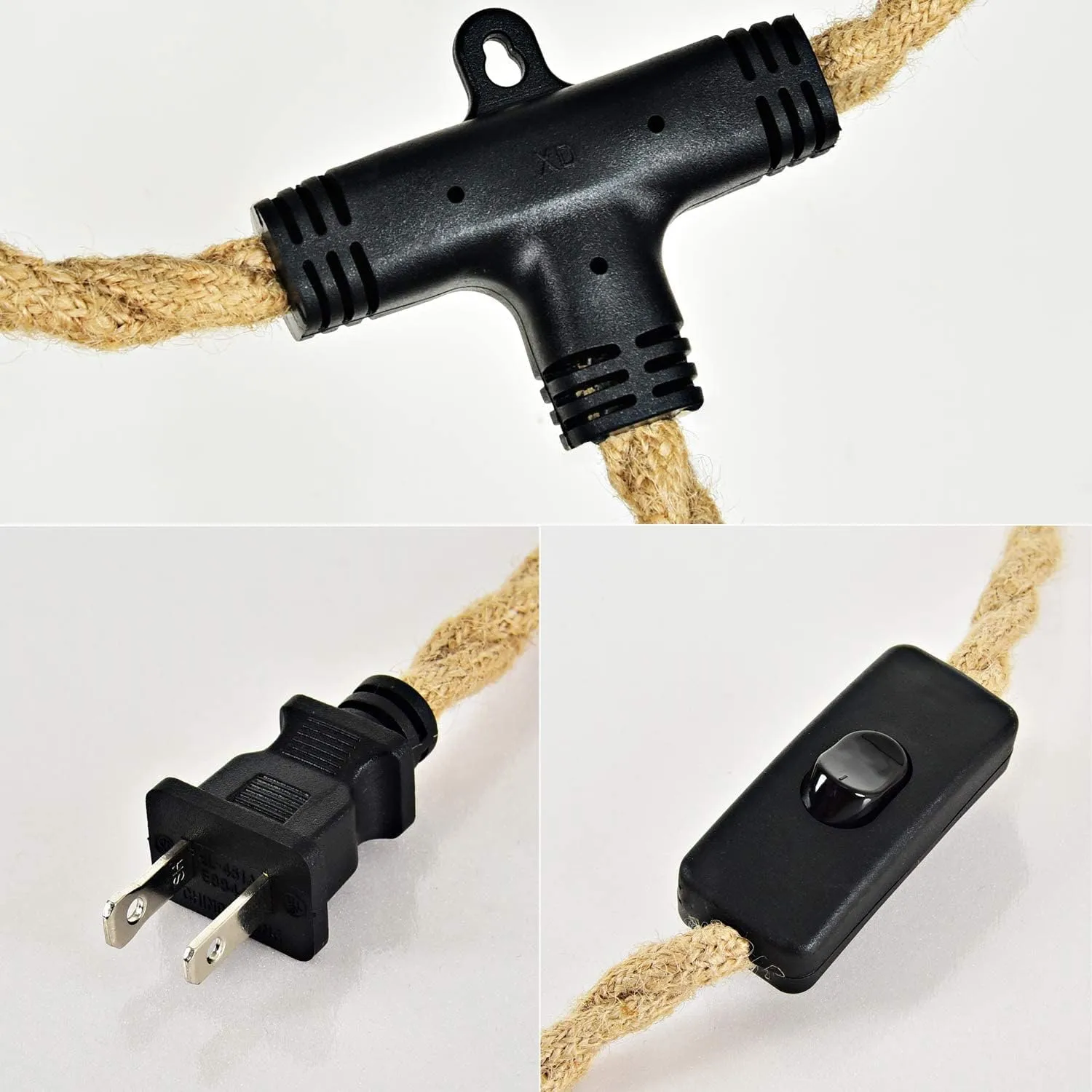 3 Plug-in Pendant Lights Kit - Hemp Rope Cord with Switch, 22 Ft Length, DIY Farmhouse Hanging Lighting Fixture