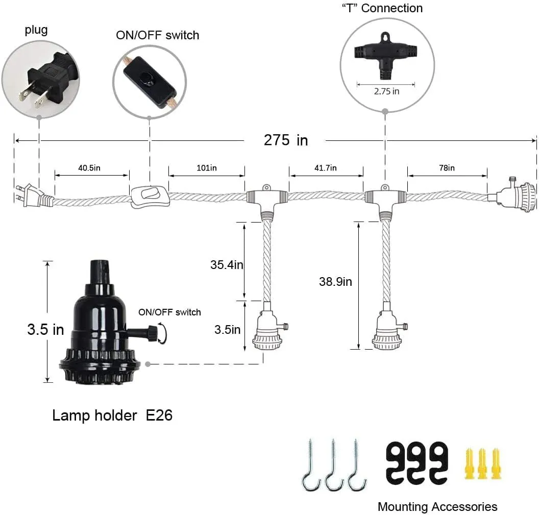 3 Plug-in Pendant Lights Kit - Hemp Rope Cord with Switch, 22 Ft Length, DIY Farmhouse Hanging Lighting Fixture