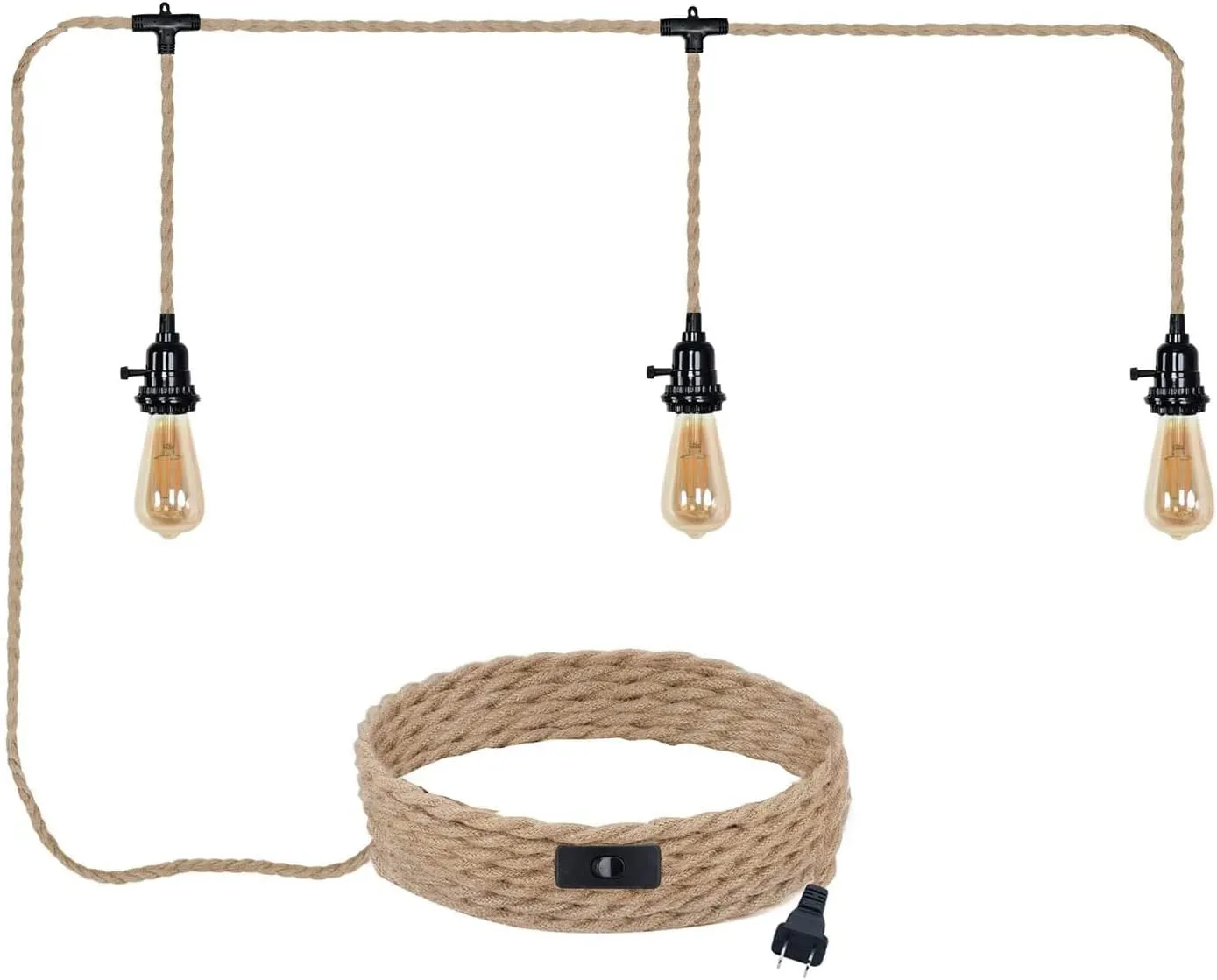 3 Plug-in Pendant Lights Kit - Hemp Rope Cord with Switch, 22 Ft Length, DIY Farmhouse Hanging Lighting Fixture