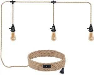 3 Plug-in Pendant Lights Kit - Hemp Rope Cord with Switch, 22 Ft Length, DIY Farmhouse Hanging Lighting Fixture