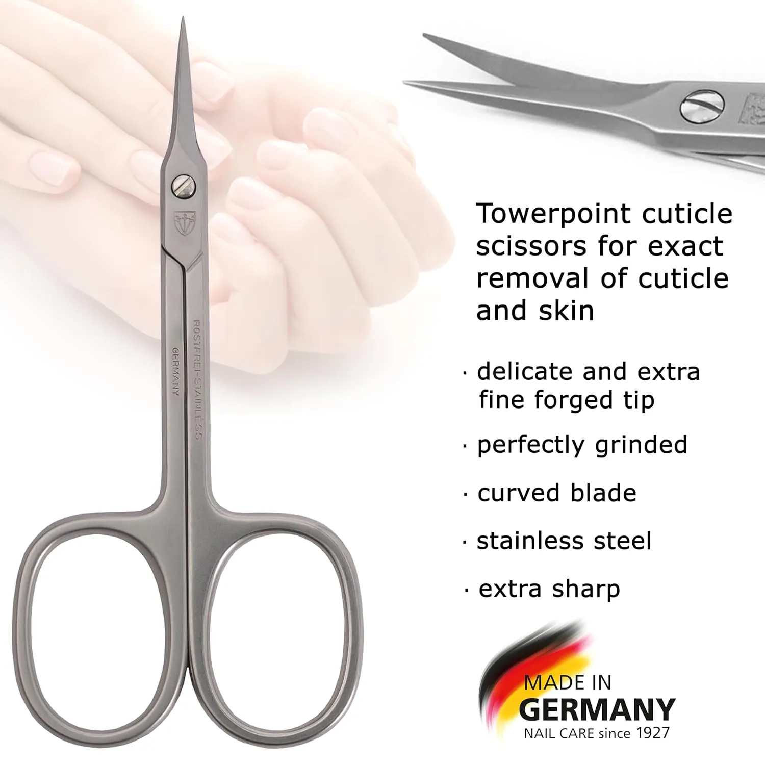 3 Swords Germany - brand quality STAINLESS STEEL INOX CURVED CUTICLE TOWERPOINT SCISSORS (1 PIECE) with case for manicure pedicure - nail care by 3 Swords - Made in Germany