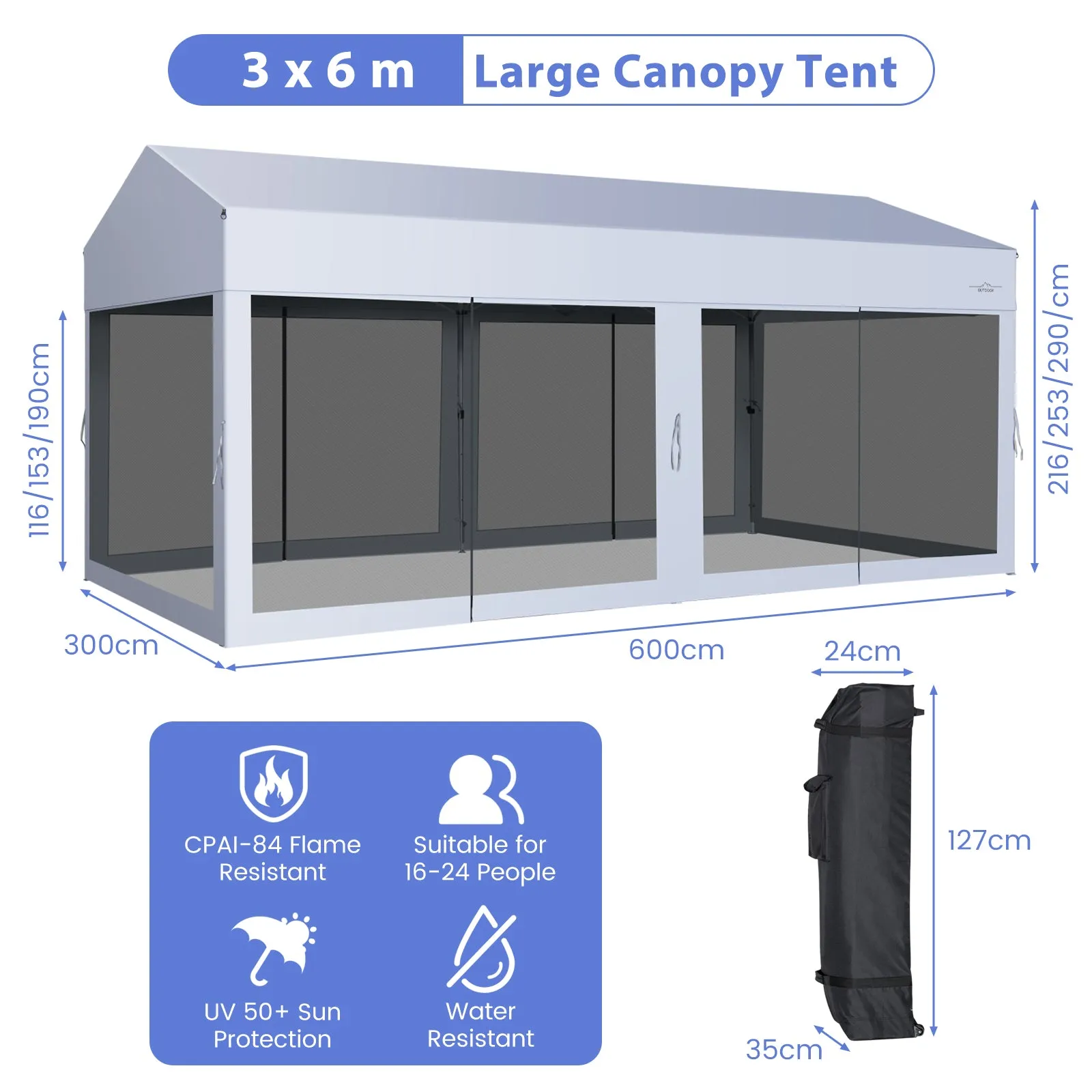 3 x 6 m Pop-Up Canopy UV Screen House Party Tent with Removable Sidewalls-White