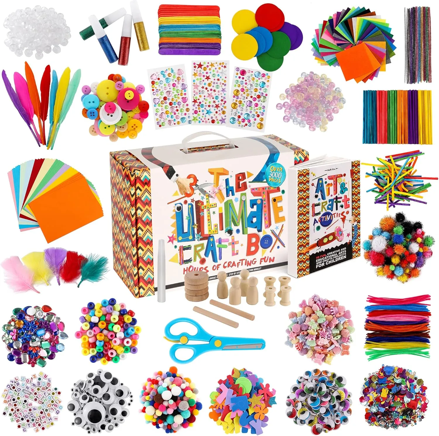 3000  Pcs Arts and Crafts Supplies & Materials for Kids - Ultimate Bulk Craft Kit for Boys & Girls with 99 Activities Book for Ages 3-5, 4-6, 6-8, 8-12
