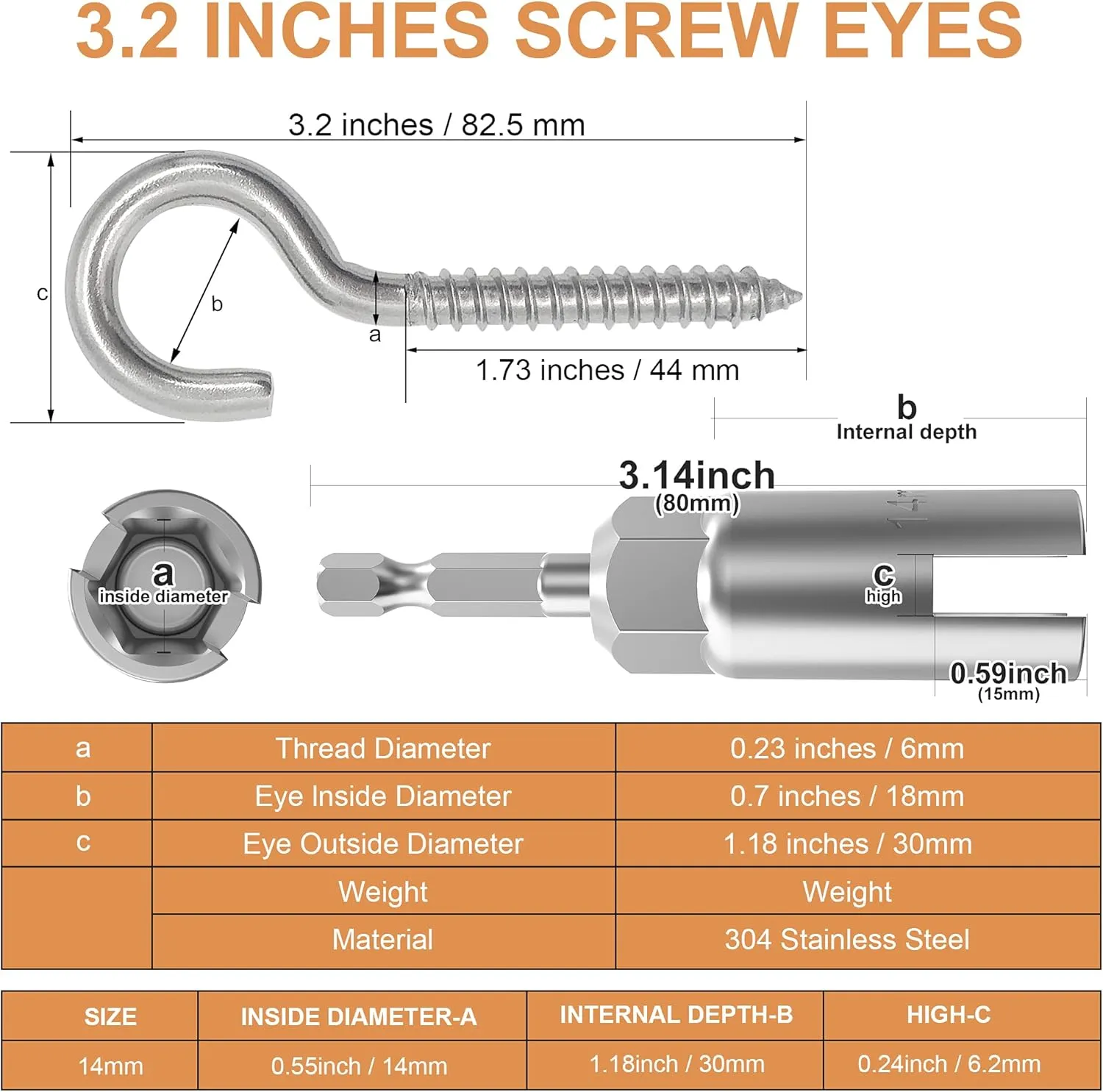 304 Stainless Steel Screw-in Hooks, Heavy-Duty Eye Hooks for Wood, Christmas Lighting (14 pcs   1/4" Hex Shank Wing Nut Driver)