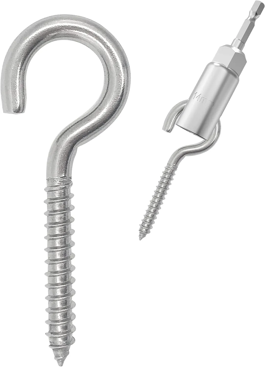 304 Stainless Steel Screw-in Hooks, Heavy-Duty Eye Hooks for Wood, Christmas Lighting (14 pcs   1/4" Hex Shank Wing Nut Driver)