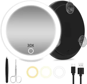 30X Magnifying Mirror with Lights, 6inch Large Makeup Magnifying Mirror, Lighted 30X High Magnifying Mirror, Travel Magnifying Mirror with Lights 30X, Portable LED Magnified Mirror with 3 Suction Cups