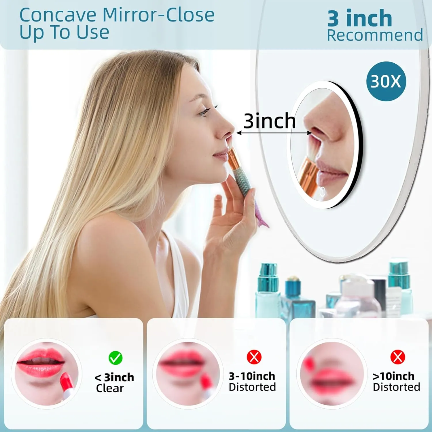 30X Magnifying Mirror with Lights, 6inch Large Makeup Magnifying Mirror, Lighted 30X High Magnifying Mirror, Travel Magnifying Mirror with Lights 30X, Portable LED Magnified Mirror with 3 Suction Cups