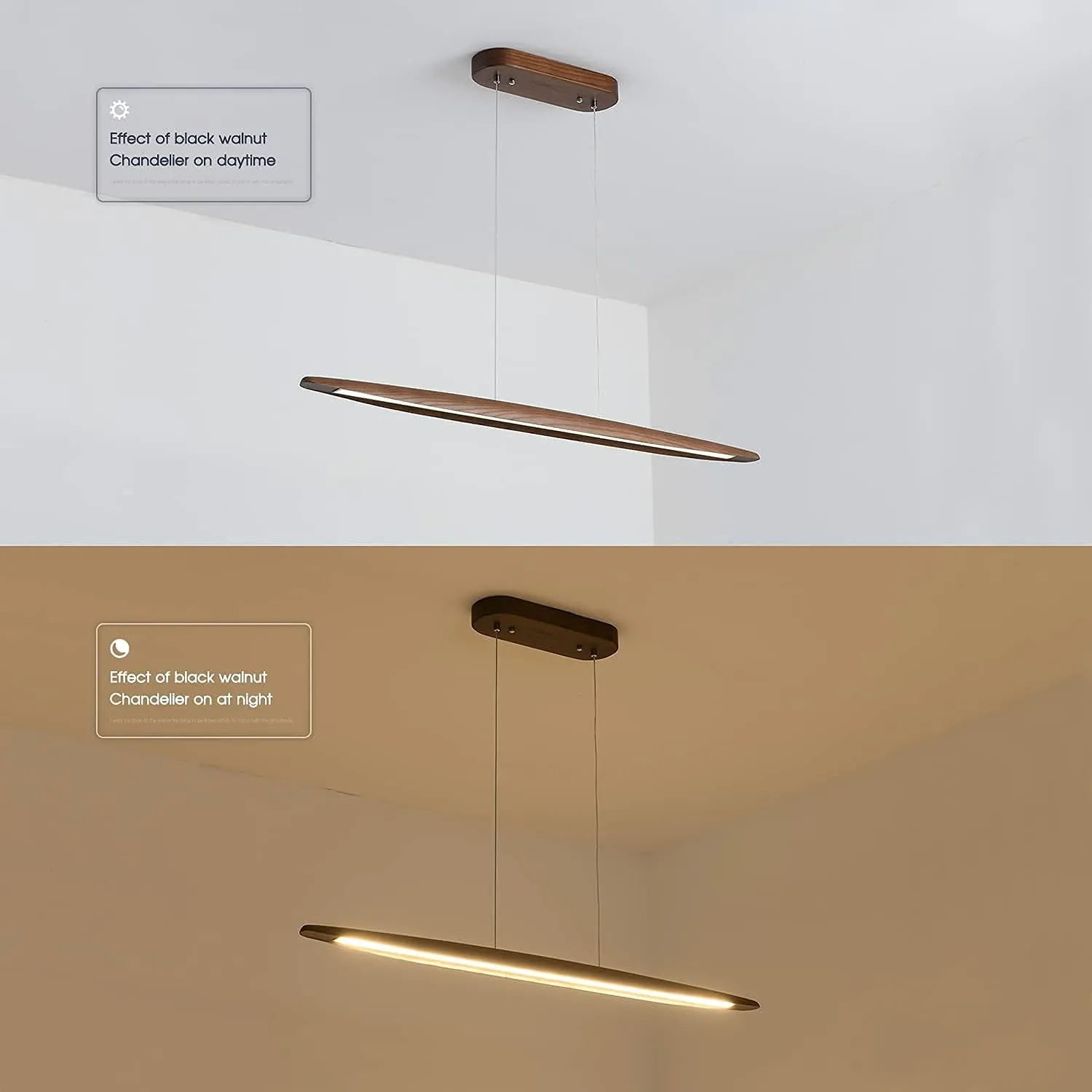 39" Wood Linear Pendant Light LED Dimmable Hanging Light Dinning Room Light Fixture Island Lights 24w for Dining Room Kitchen Island Bar Walnut Color