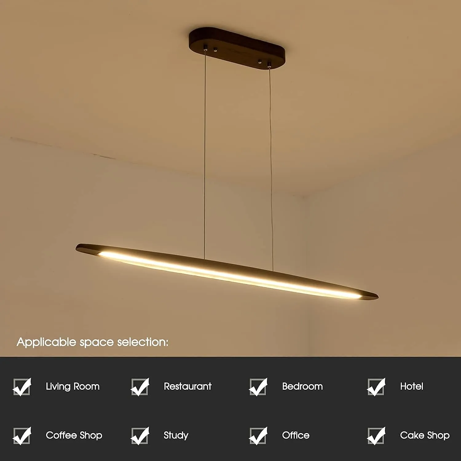 39" Wood Linear Pendant Light LED Dimmable Hanging Light Dinning Room Light Fixture Island Lights 24w for Dining Room Kitchen Island Bar Walnut Color