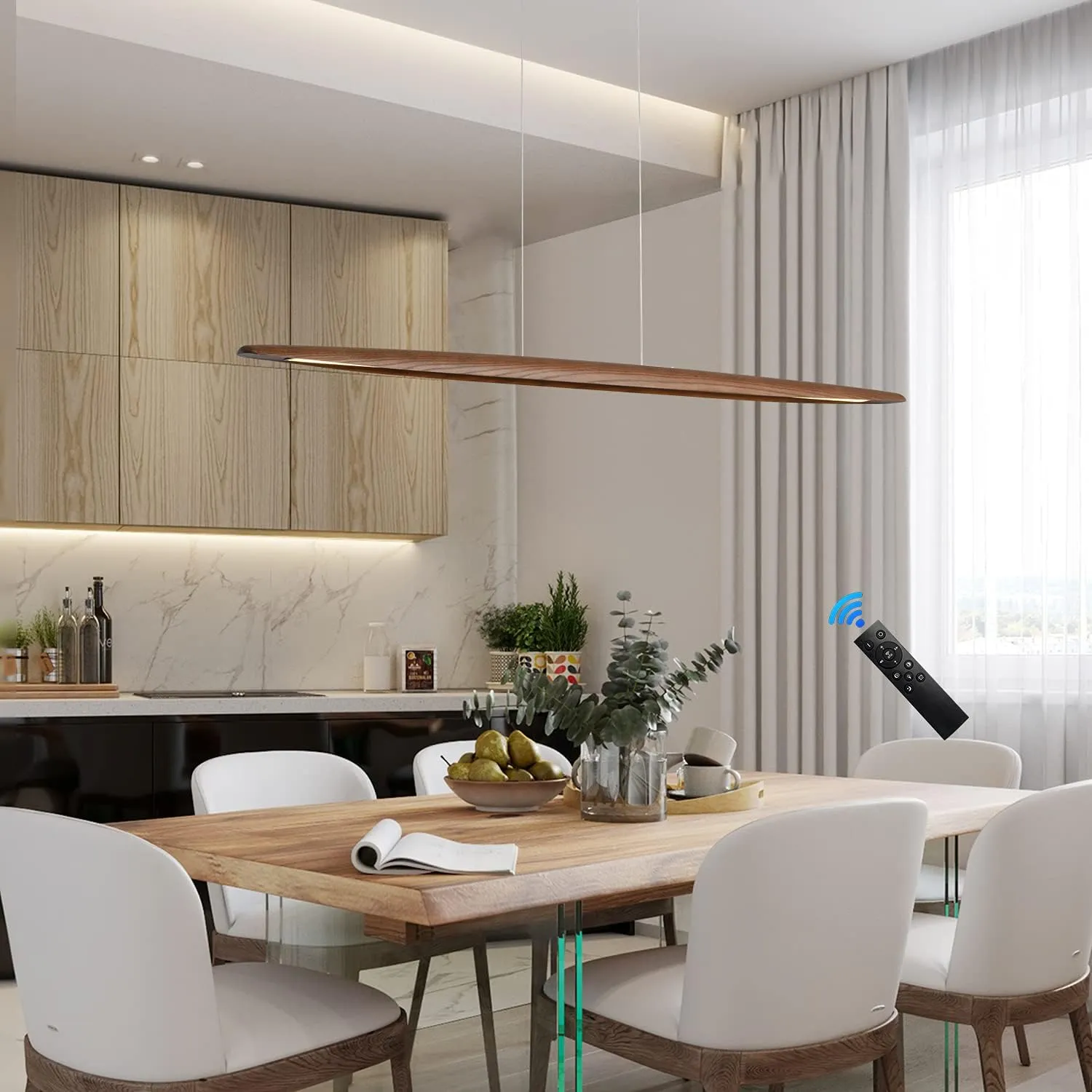 39" Wood Linear Pendant Light LED Dimmable Hanging Light Dinning Room Light Fixture Island Lights 24w for Dining Room Kitchen Island Bar Walnut Color