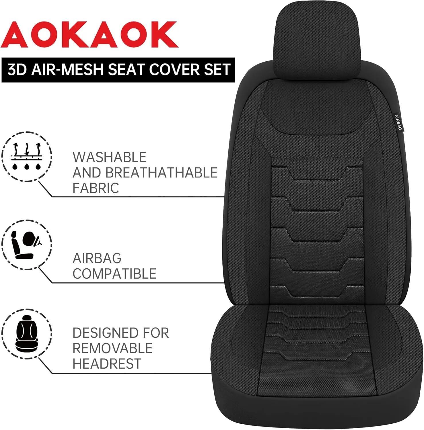3D Air-Mesh Car Seat Covers Full Set, Breathable and Split Bench Compatible Seat Covers for Cars, Universal Car Interior Covers for Most Cars Sedan Truck SUV(Black)