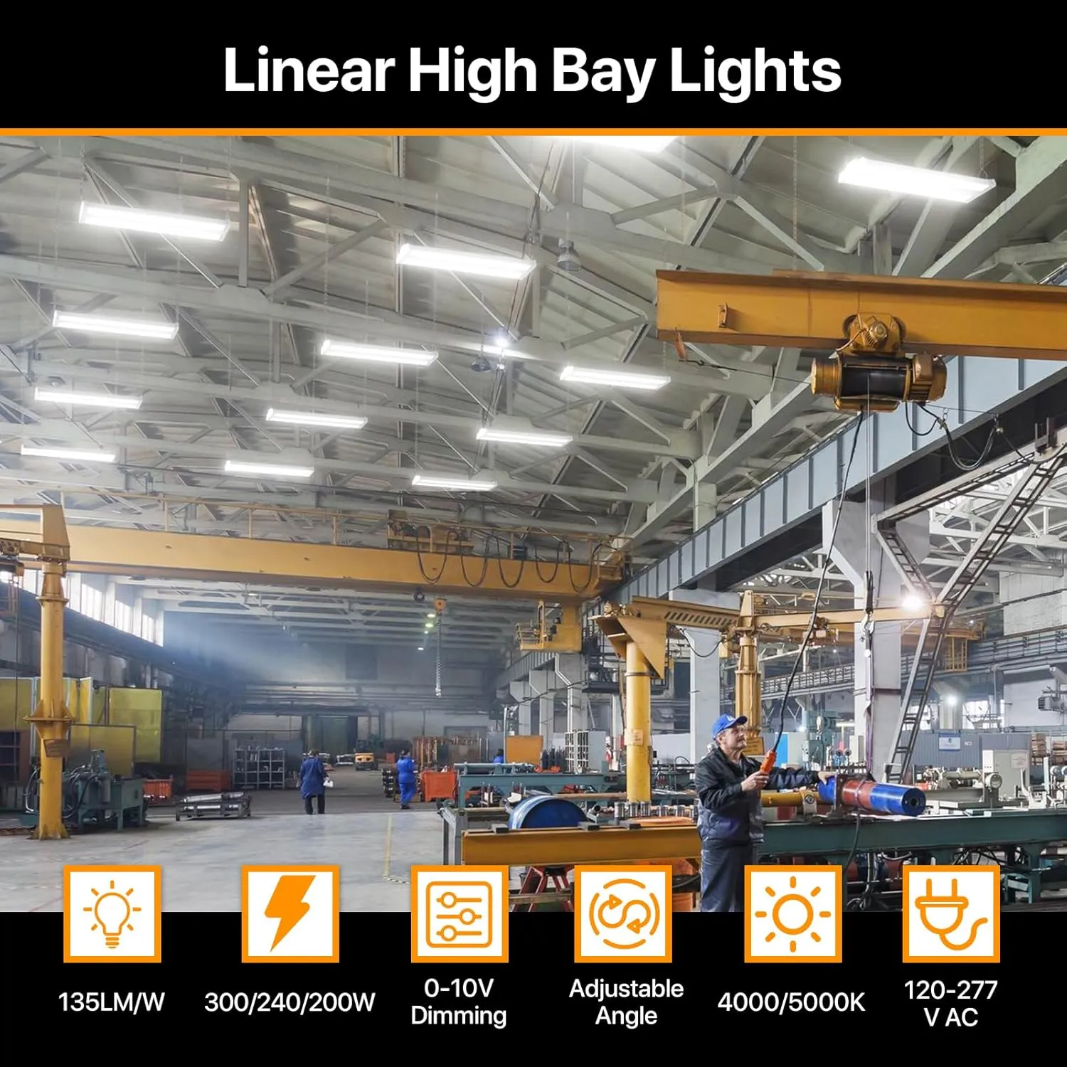 3FT High Bay Led Shop Light 300W 40500LM(135LM/W) 4000K/5000K Switchable Lens Rotatable Linear High Bay Lights 0-10V Dimmable 100-277V Hanging Commercial Lighting for Warehouse