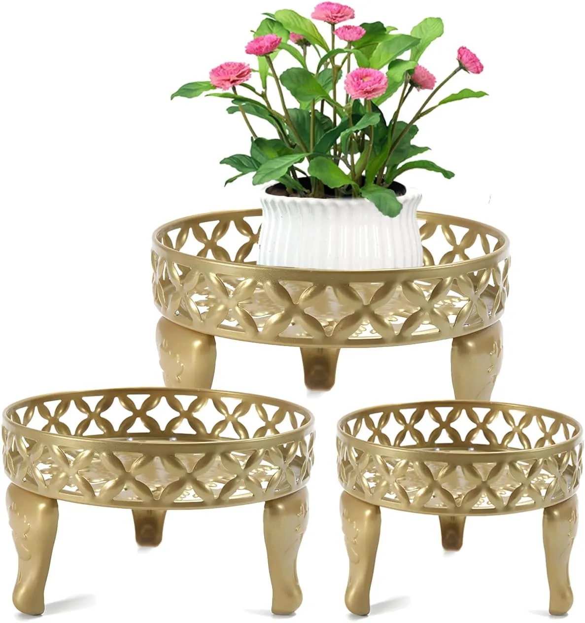 3Pack Metal Plant Stand Heavy Duty Rustproof Iron Corner Flower Pot Stand Holder Rustproof Iron Round Plant Shelf for Outdoor Indoor Garden Home in Gold