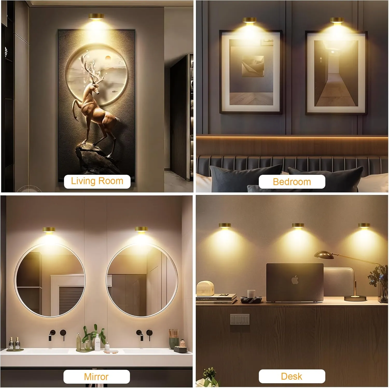 3Pcs Battery Operated Picture Light, Magnetic Led Painting Light with Remote Dimmable and Timer, 3 Lighting Modes Art Display Light for Picture Frame Paintings, Wireless Wall Decor Puck Lights, Gold