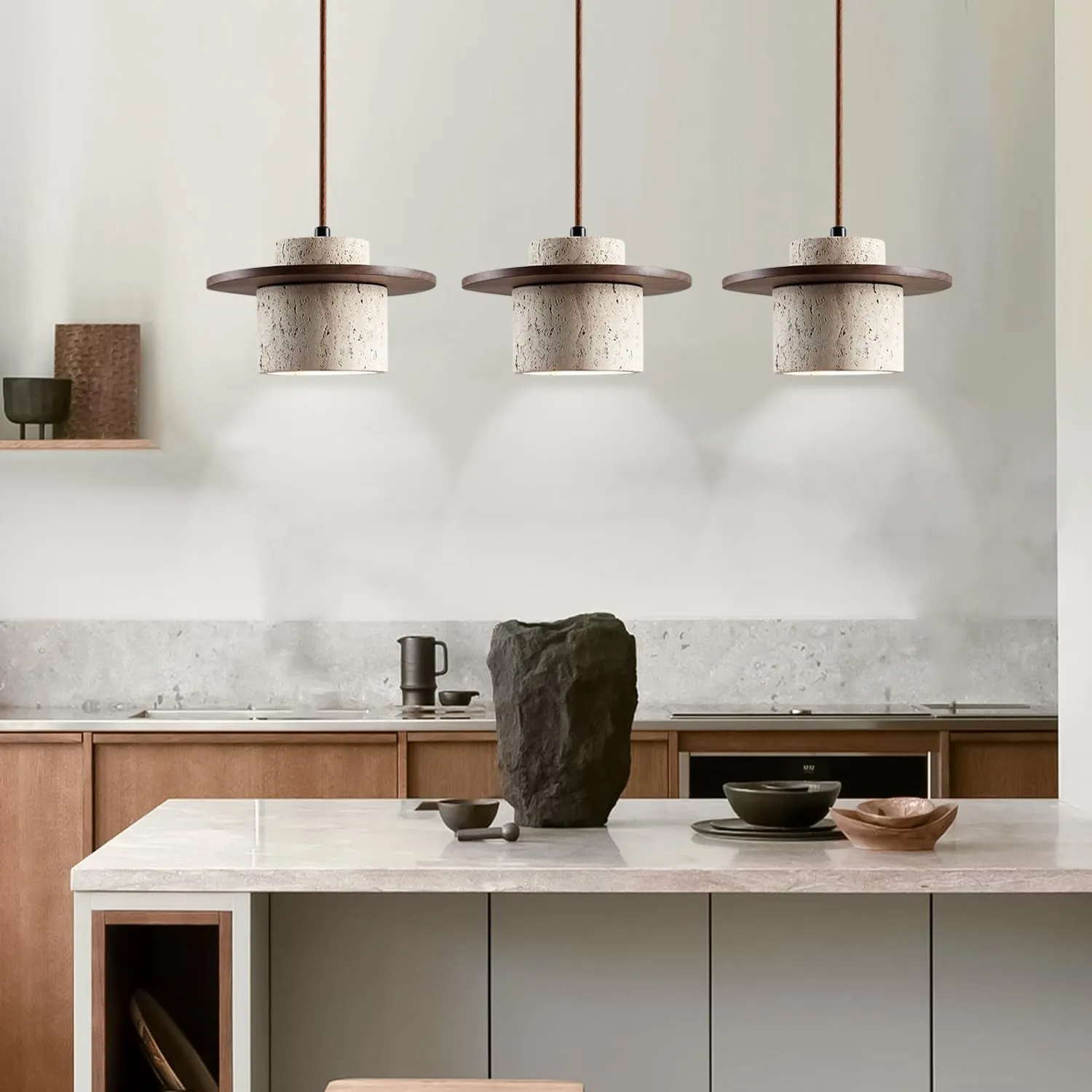 3pcs Wabi Sabi Pendant Light Nordic Natural Stone Shade Chandeliers Concrete Simple Light Fixture for Dining Room Bedside Kitchen Island Hallway