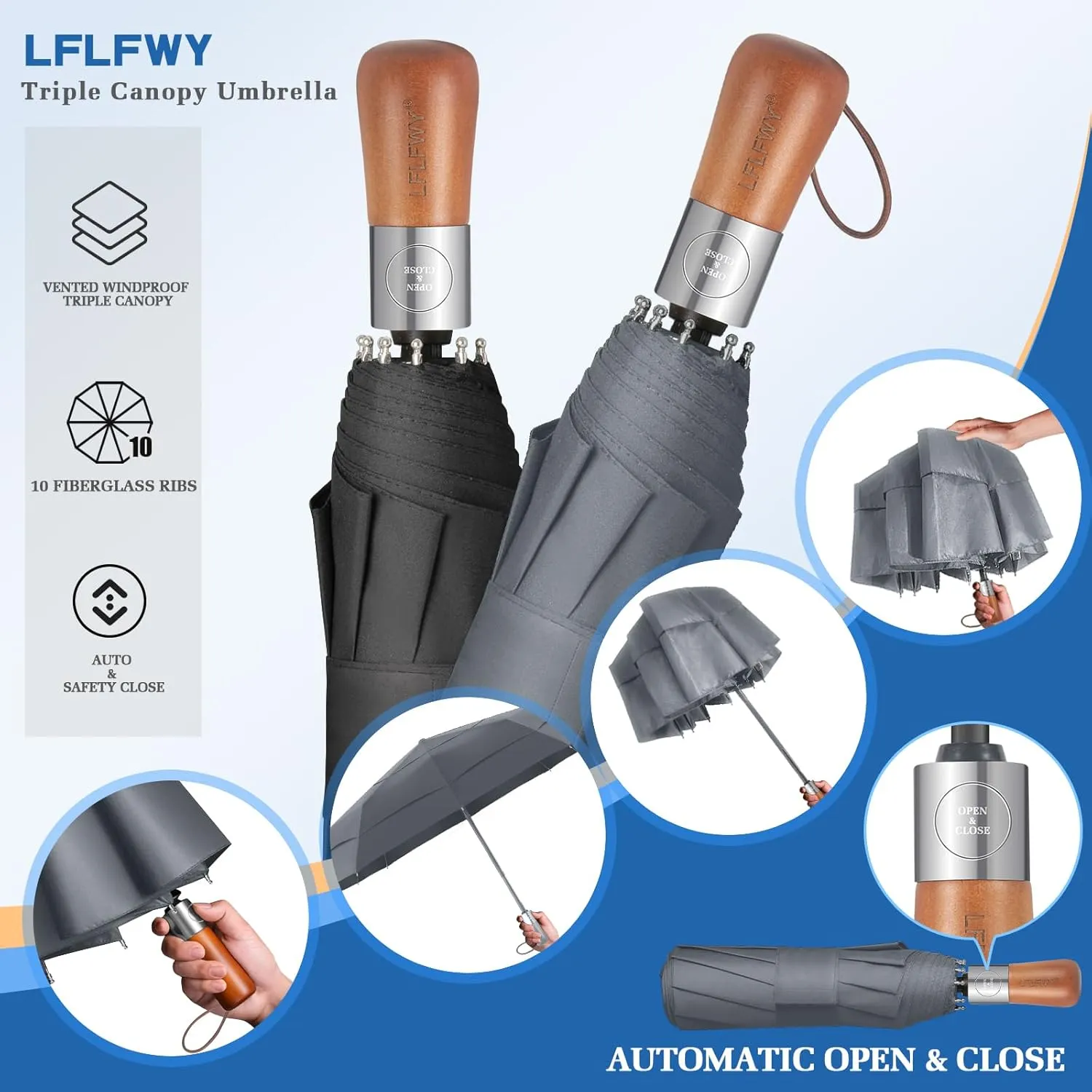 3T Wind Armor Travel Umbrella Compact Easy Auto Open Close Folding Umbrellas for Rain Windproof Umbrella for Women and Men Durable Real Wood Handle Portable Fits Backpack Car