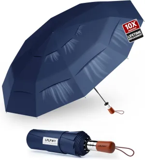 3T Wind Armor Travel Umbrella Compact Easy Auto Open Close Folding Umbrellas for Rain Windproof Umbrella for Women and Men Durable Real Wood Handle Portable Fits Backpack Car