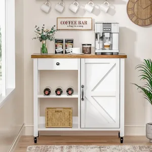 4 EVER WINNER Kitchen Island Cart with Storage, Coffee Cart with Drawer, Wine Rack, Adjustable Shelf, Island Table for Kitchen, White