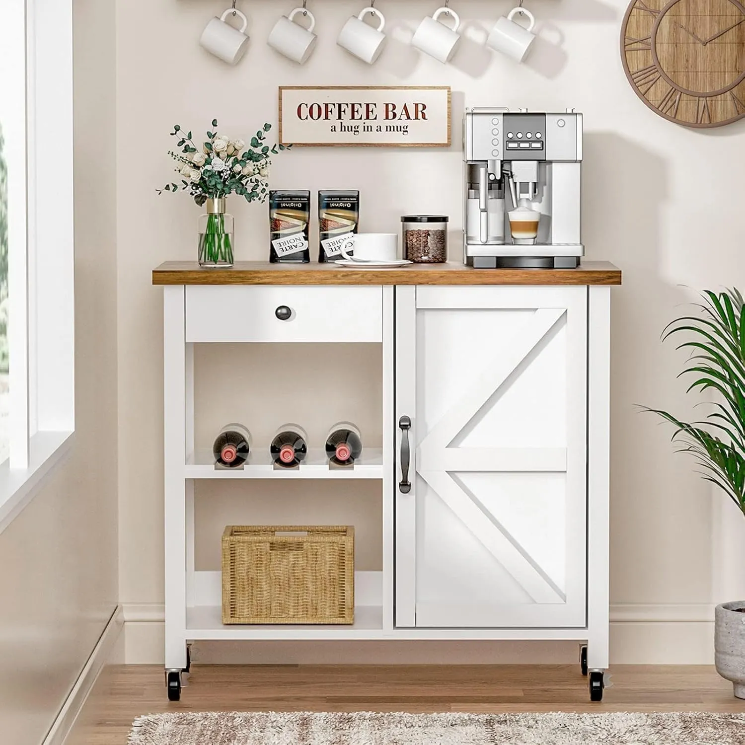4 EVER WINNER Kitchen Island Cart with Storage, Coffee Cart with Drawer, Wine Rack, Adjustable Shelf, Island Table for Kitchen, White